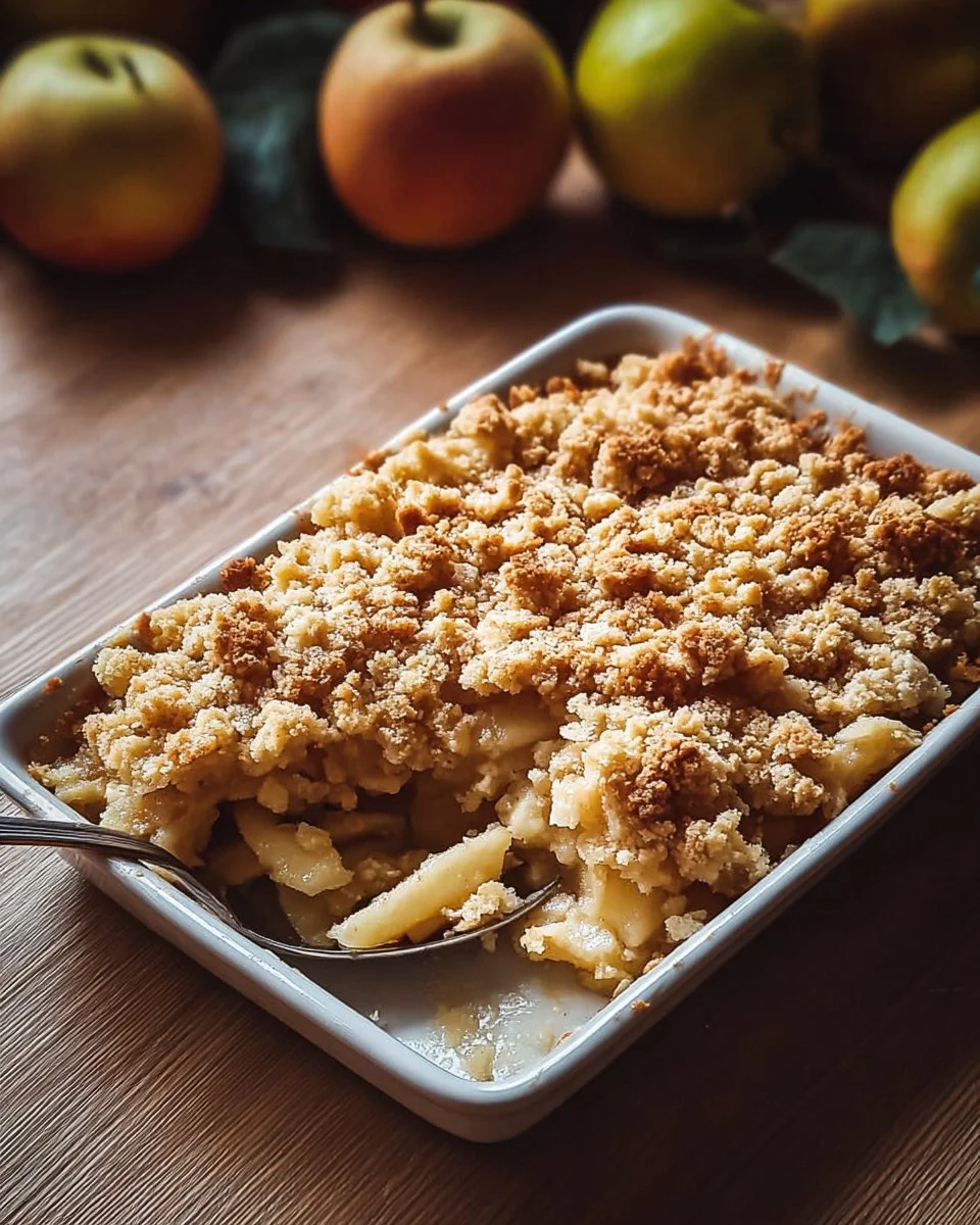 Crumble aux pommes maison avec une croûte dorée et des pommes juteuses.