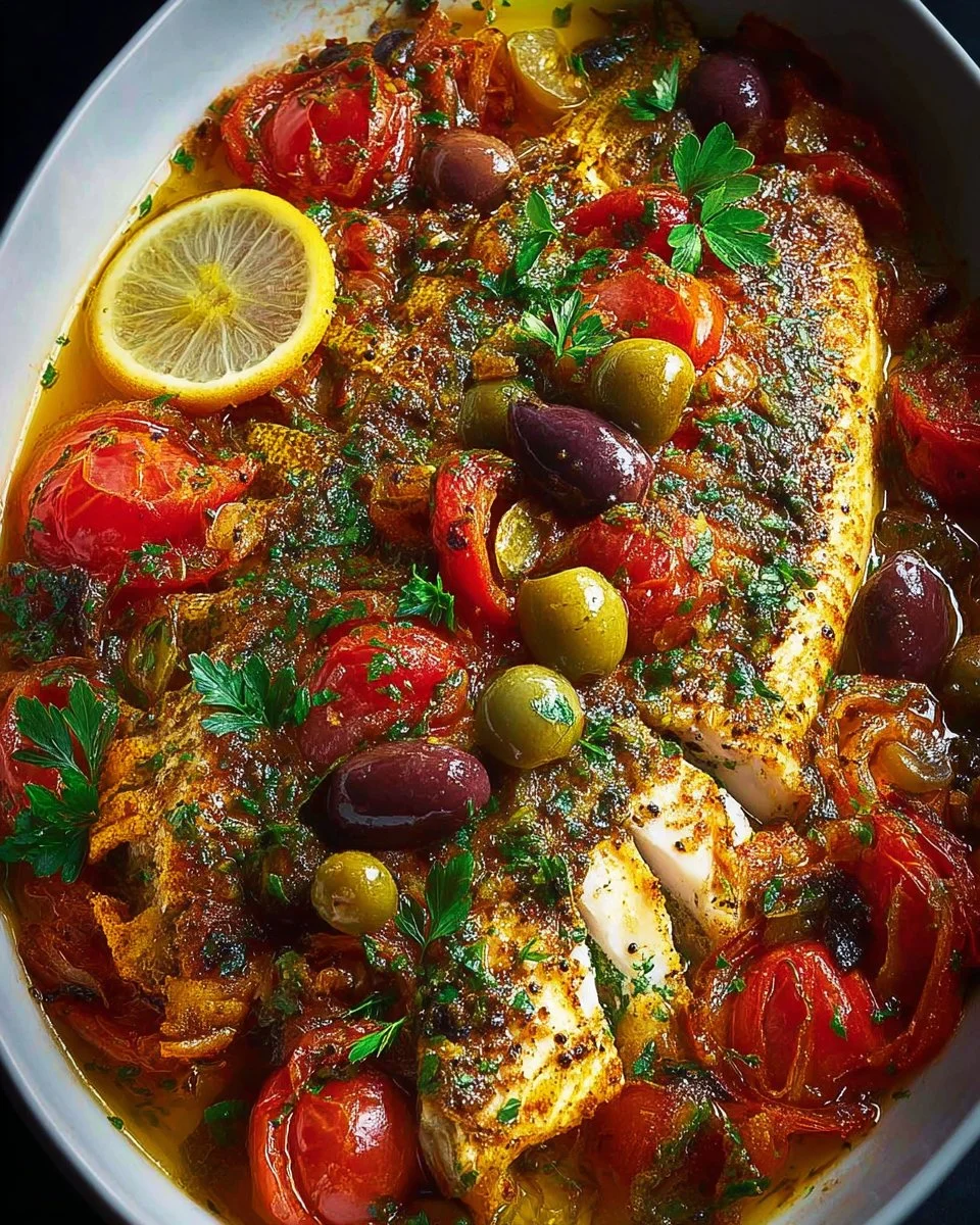 Recette de poisson au four méditerranéen préparé avec des herbes et légumes frais