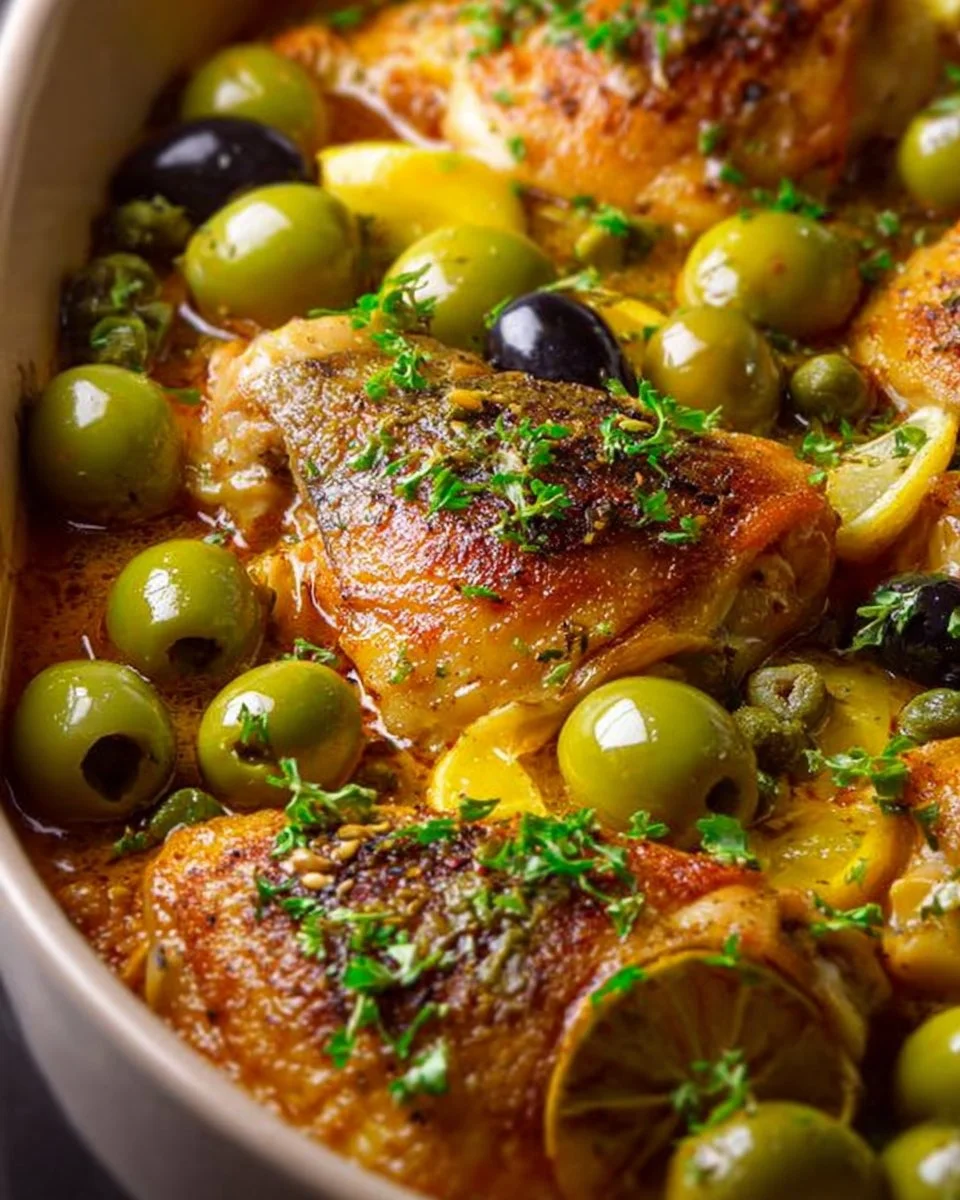 Recette de poulet aux olives vertes cuit au four, plat délicieux et savoureux.