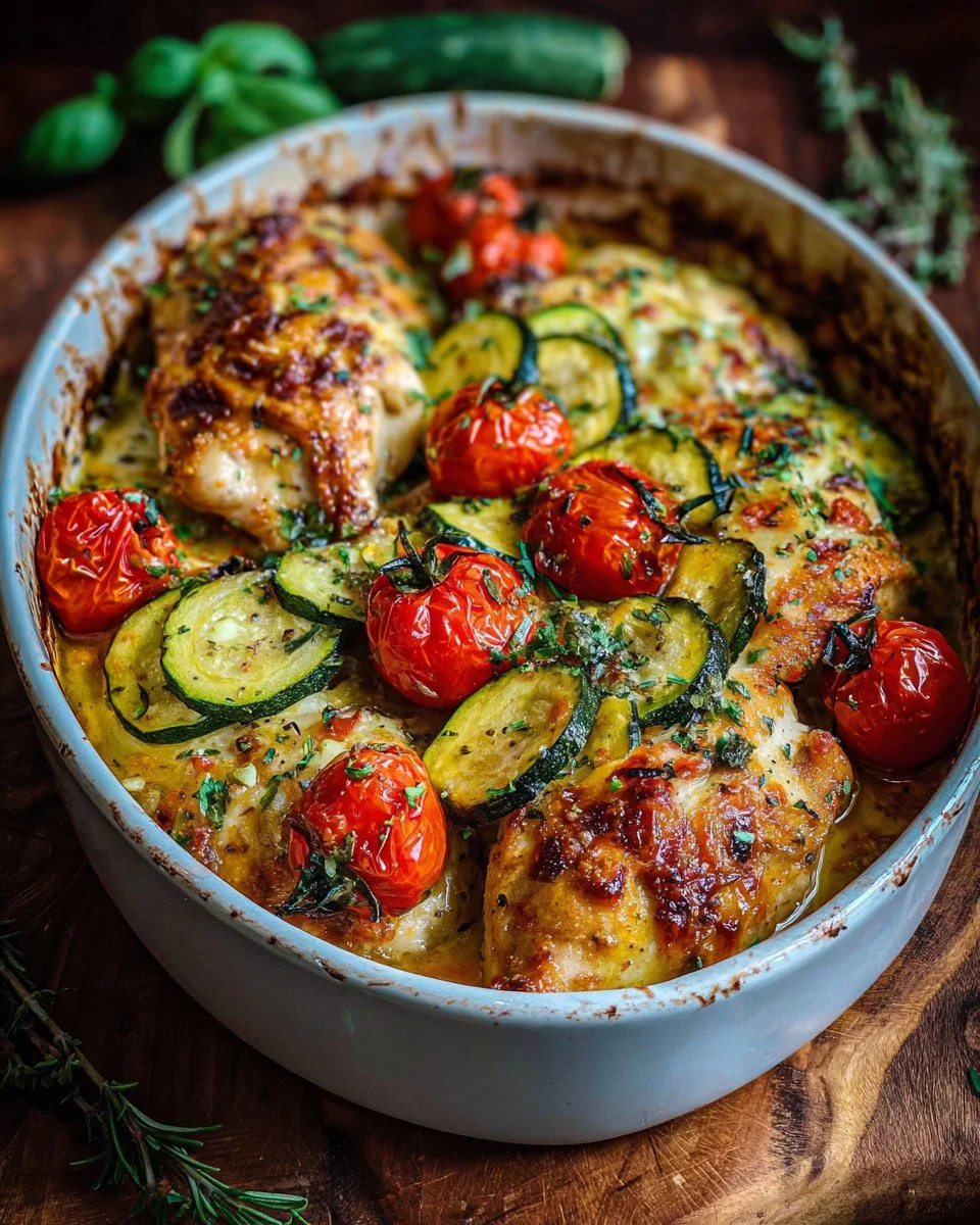 Recette de poulet courgette méditerranéen cuit au four avec légumes colorés.