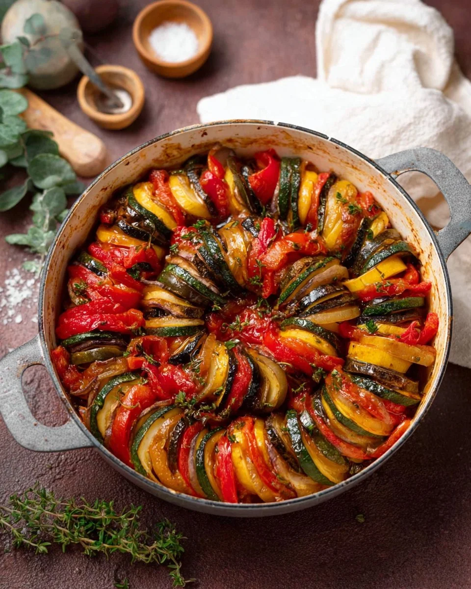Traditional Ratatouille recipe featuring fresh vegetables and aromatic herbs.