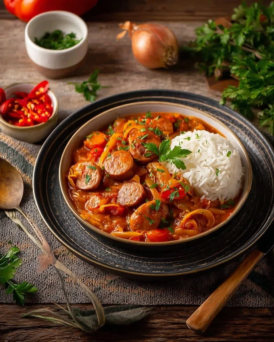 Plat de rougail saucisse, délicieux et épicé, servi dans une assiette.