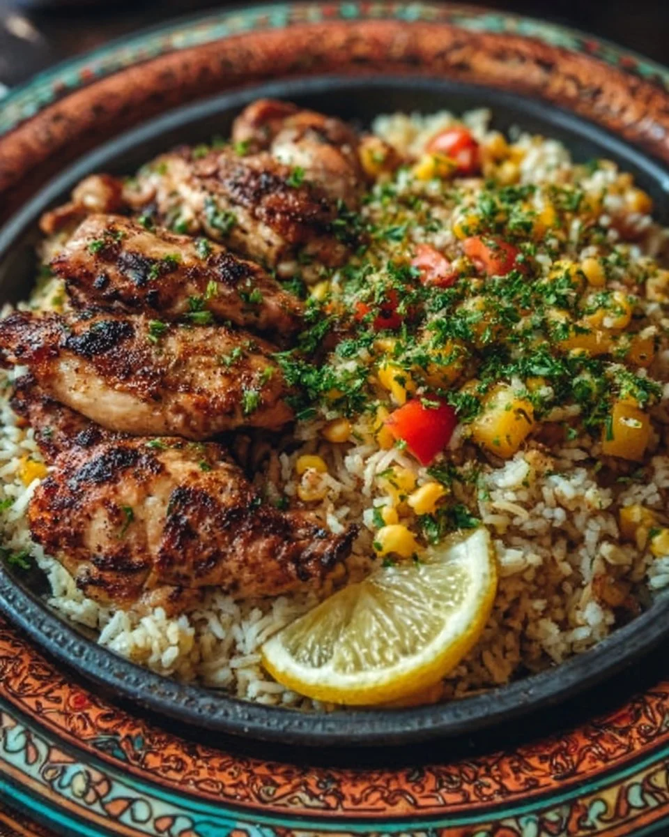 Riz épicé et poulet à la libanaise, un plat savoureux aux influences orientales.