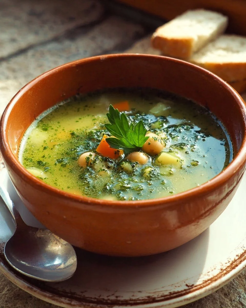 Soupe au pistou marseillaise servie dans un bol, garnie de basilic et légumes frais.