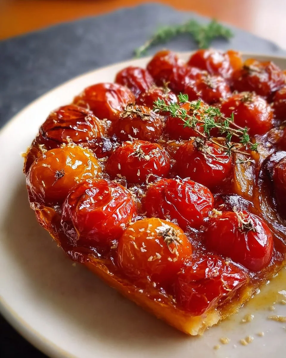 Tarte Tatin aux tomates cerises, un dessert savoureux aux saveurs sucrées et salées.