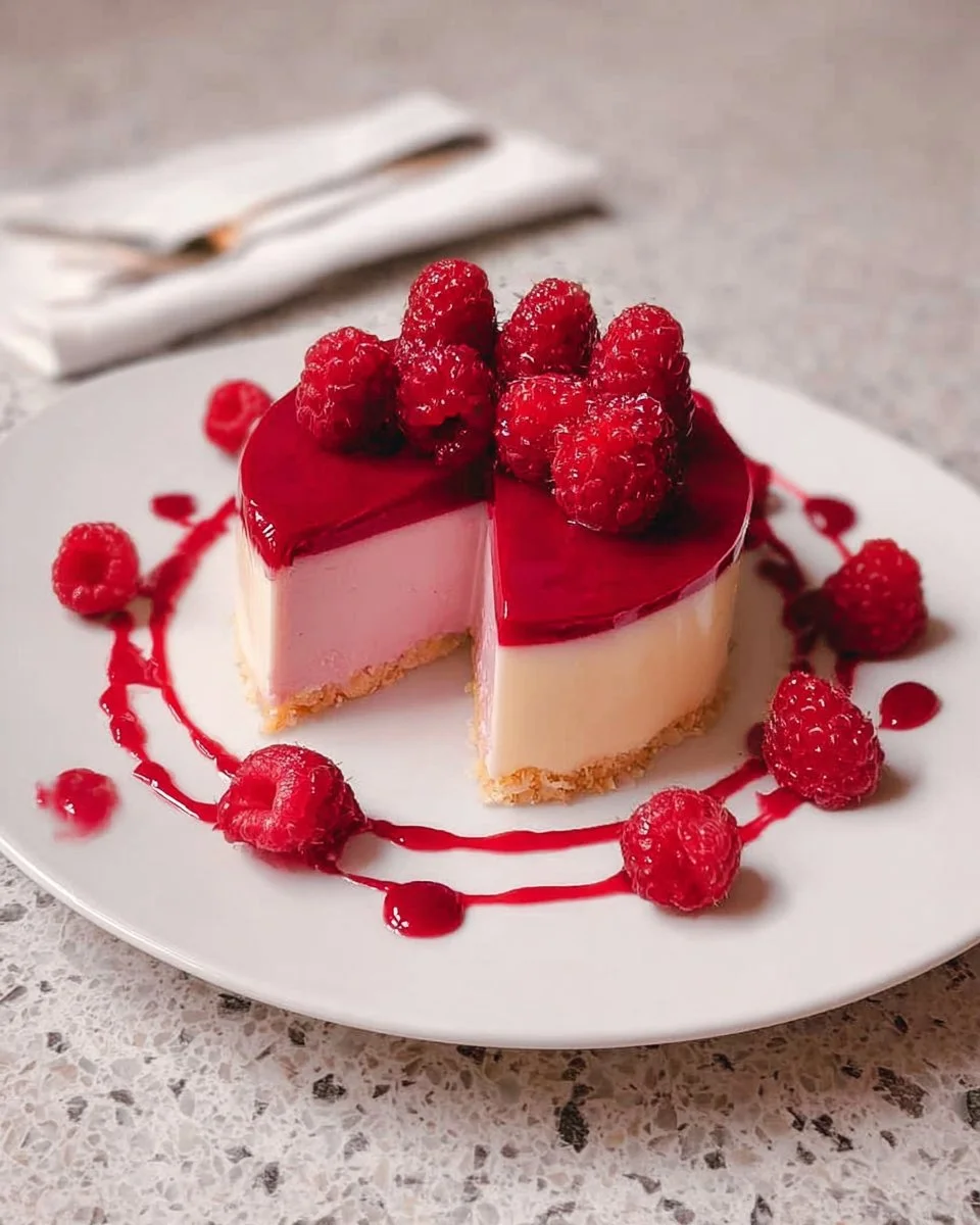 Bavarois Framboise avec croustillant chocolat blanc, un dessert frais et gourmand.