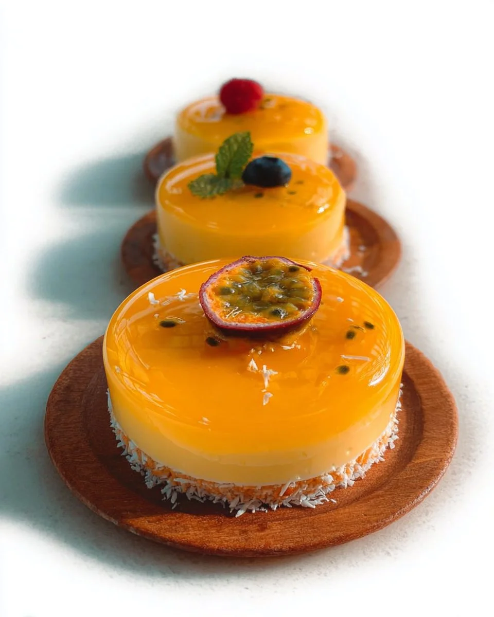 Bavarois fruits exotiques sur dacquoise noix de coco, dessert savoureux et frais