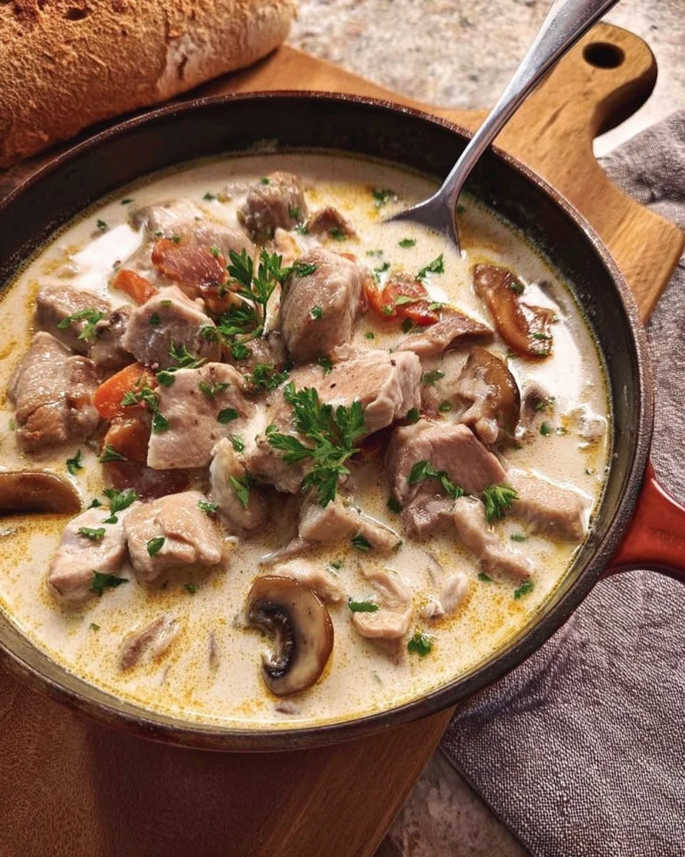 Blanquette de Veau aux Champignons dans un plat élégant prêt à servir