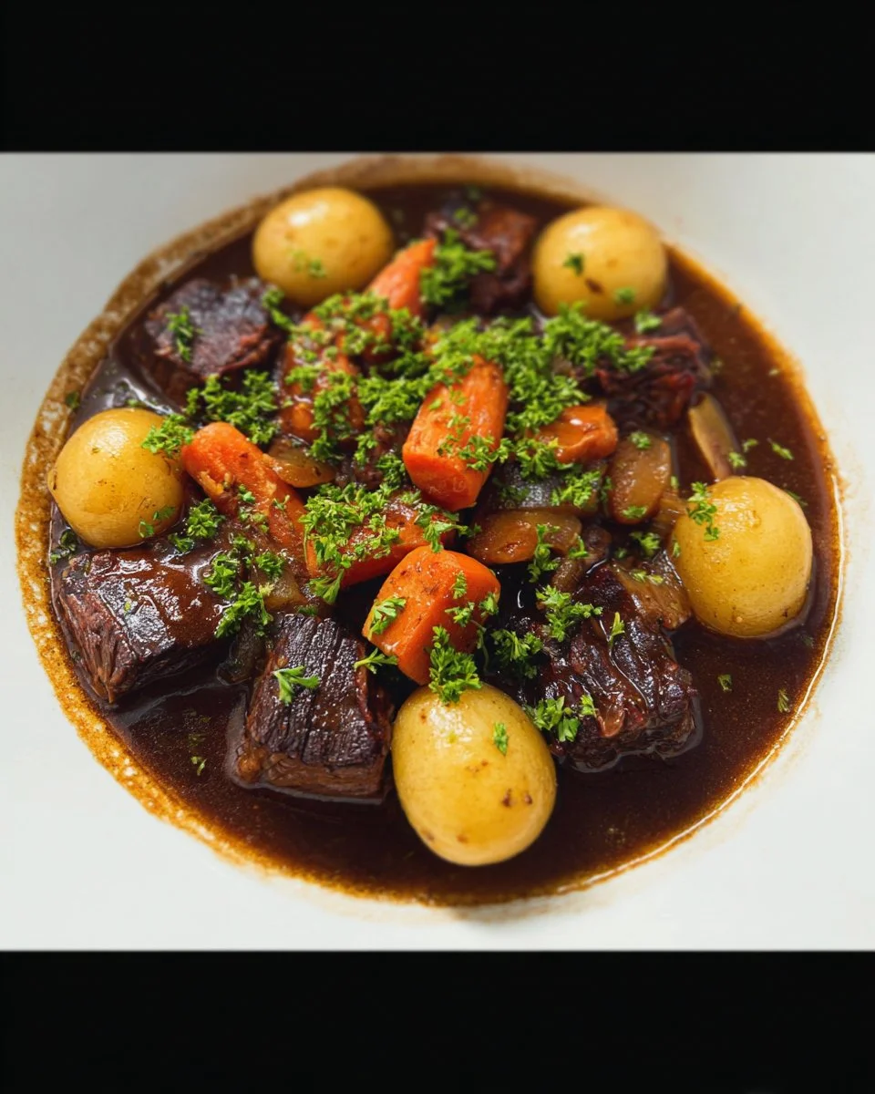 Boeuf Bourguignon mijoté avec légumes et vin rouge dans un plat français traditionnel