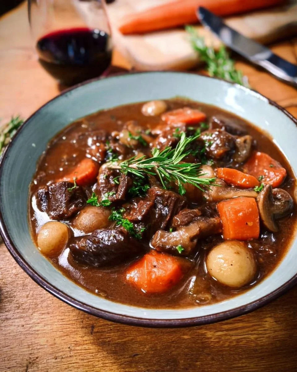 Plat de Boeuf Bourguignon Végan avec légumes et herbes fraîches