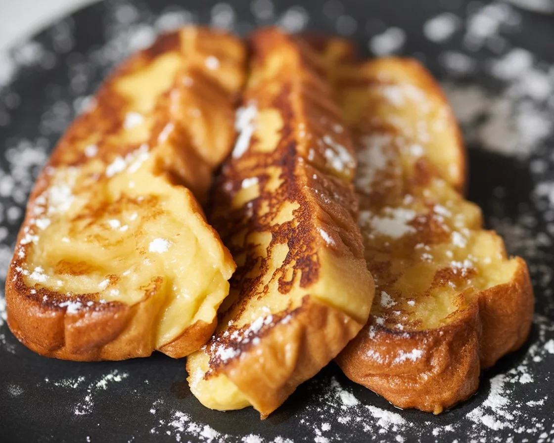 Tranches de brioche pain perdu dorées, saupoudrées de sucre glace, prêtes à déguster.