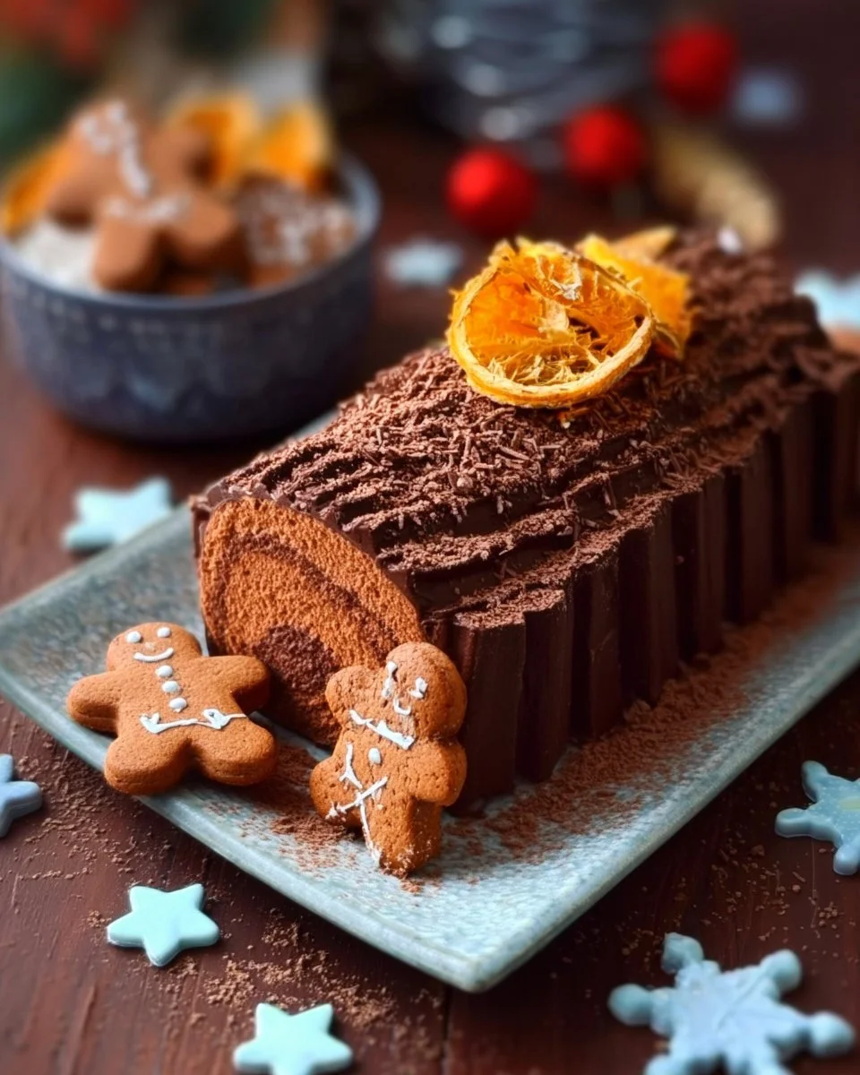 Bûche au chocolat décorée avec pain d'épices, dessert de Noël
