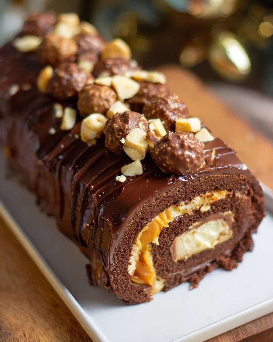 Bûche Ferrero Rocher délicieusement garnie de chocolat et noisettes