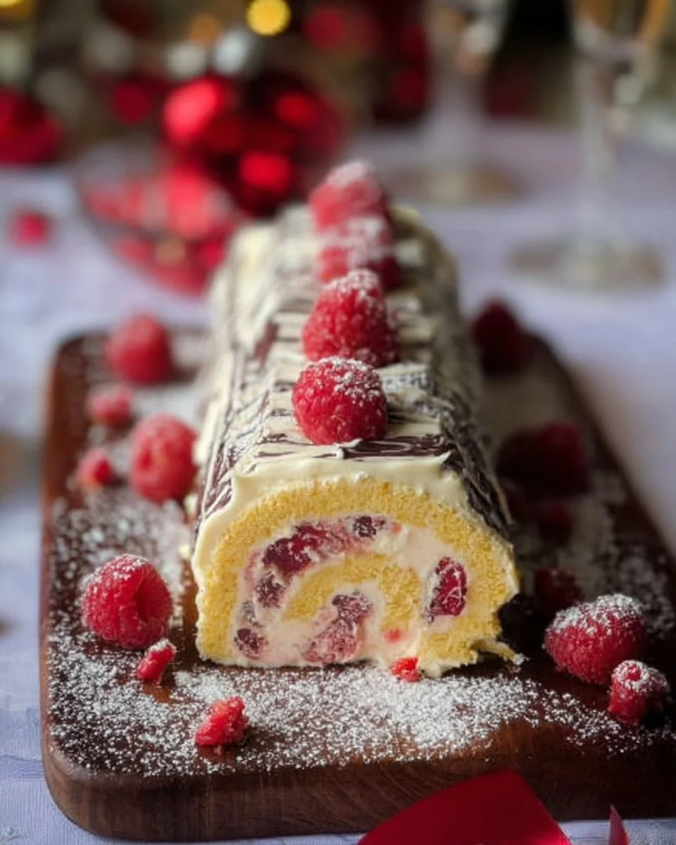 Bûche framboise mascarpone et chocolat blanc, dessert de fête