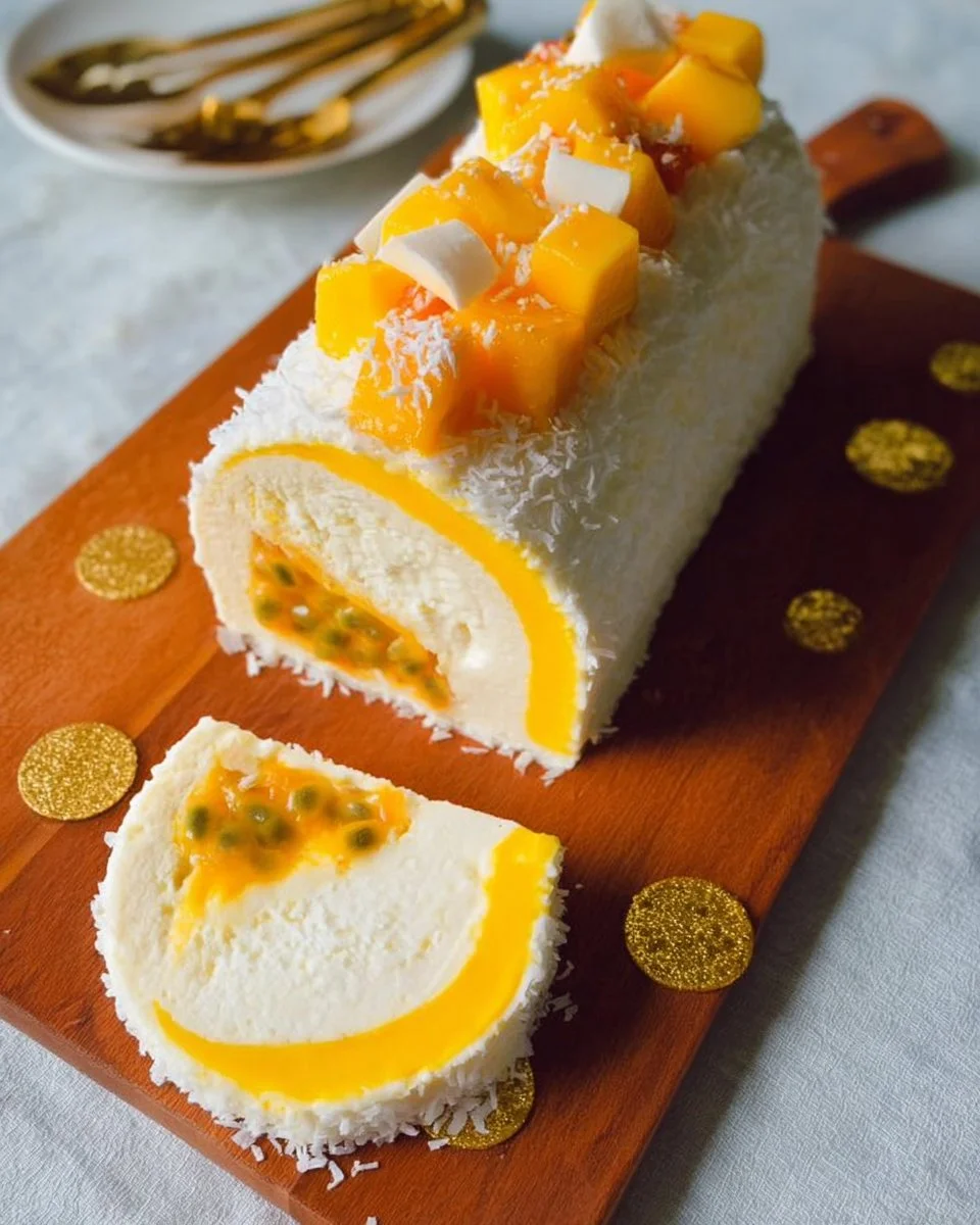 Bûche glacée exotique à la mangue, coco et passion, un dessert délicieusement frais.