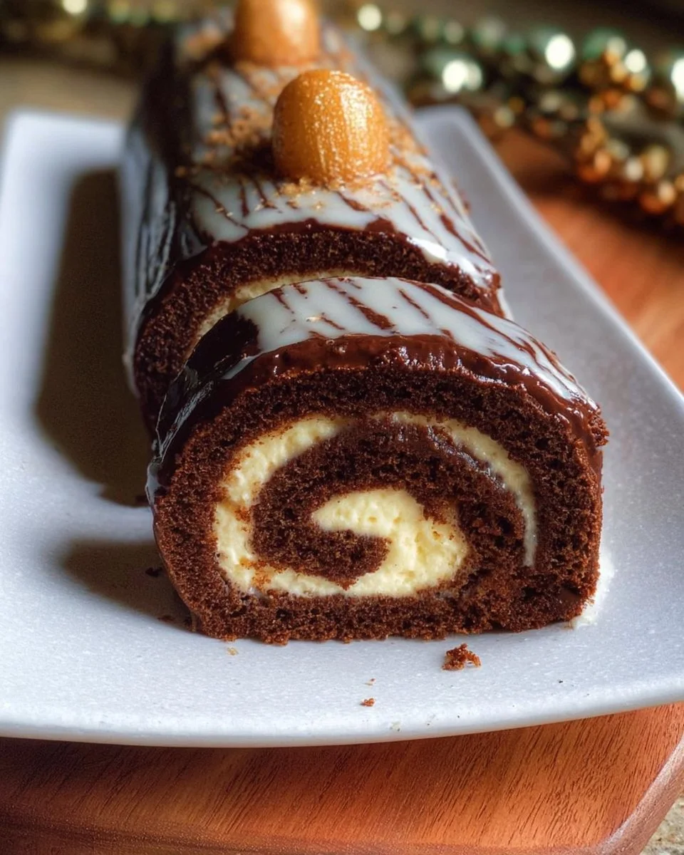 Bûche roulée chocolat avec glaçage rocher, un dessert festif délicieux
