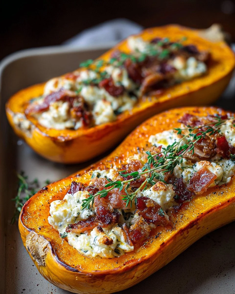 Butternut farcie aux lardons et au chèvre, un plat savoureux et réconfortant.