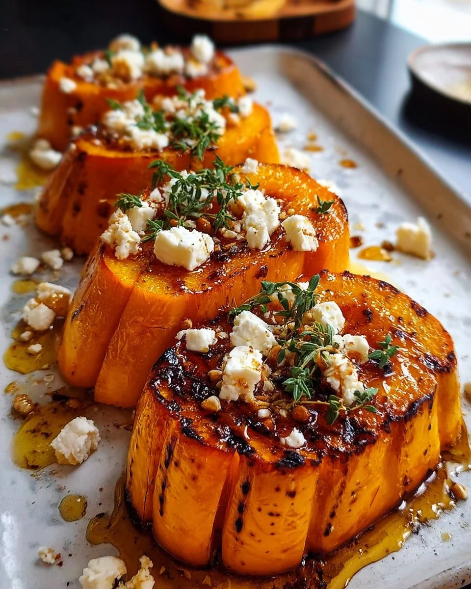 Butternut rôti au feta et miel, plat savoureux et sain.