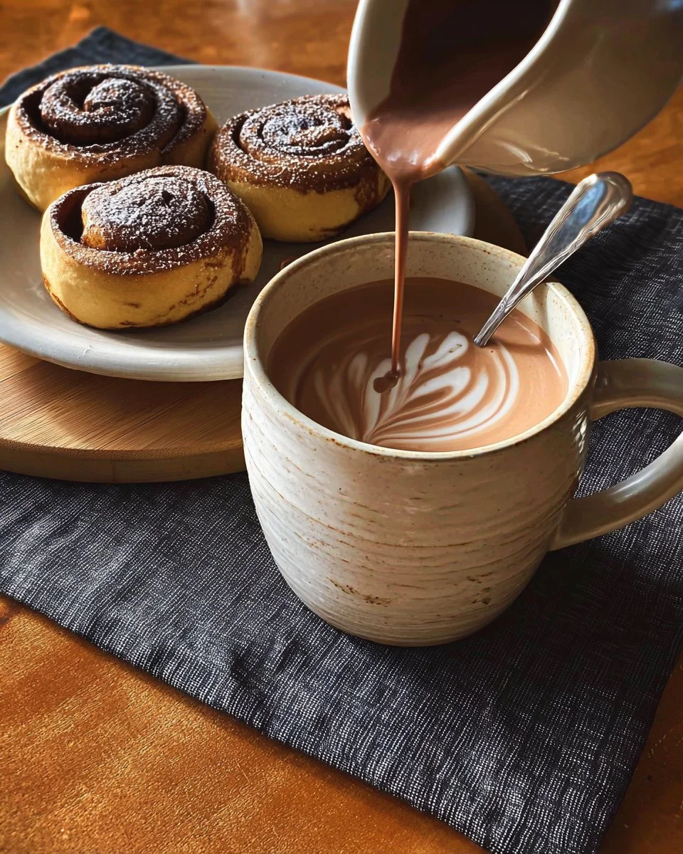 Café au latte servi avec des roulés à la cannelle, un régal pour les amateurs de café.