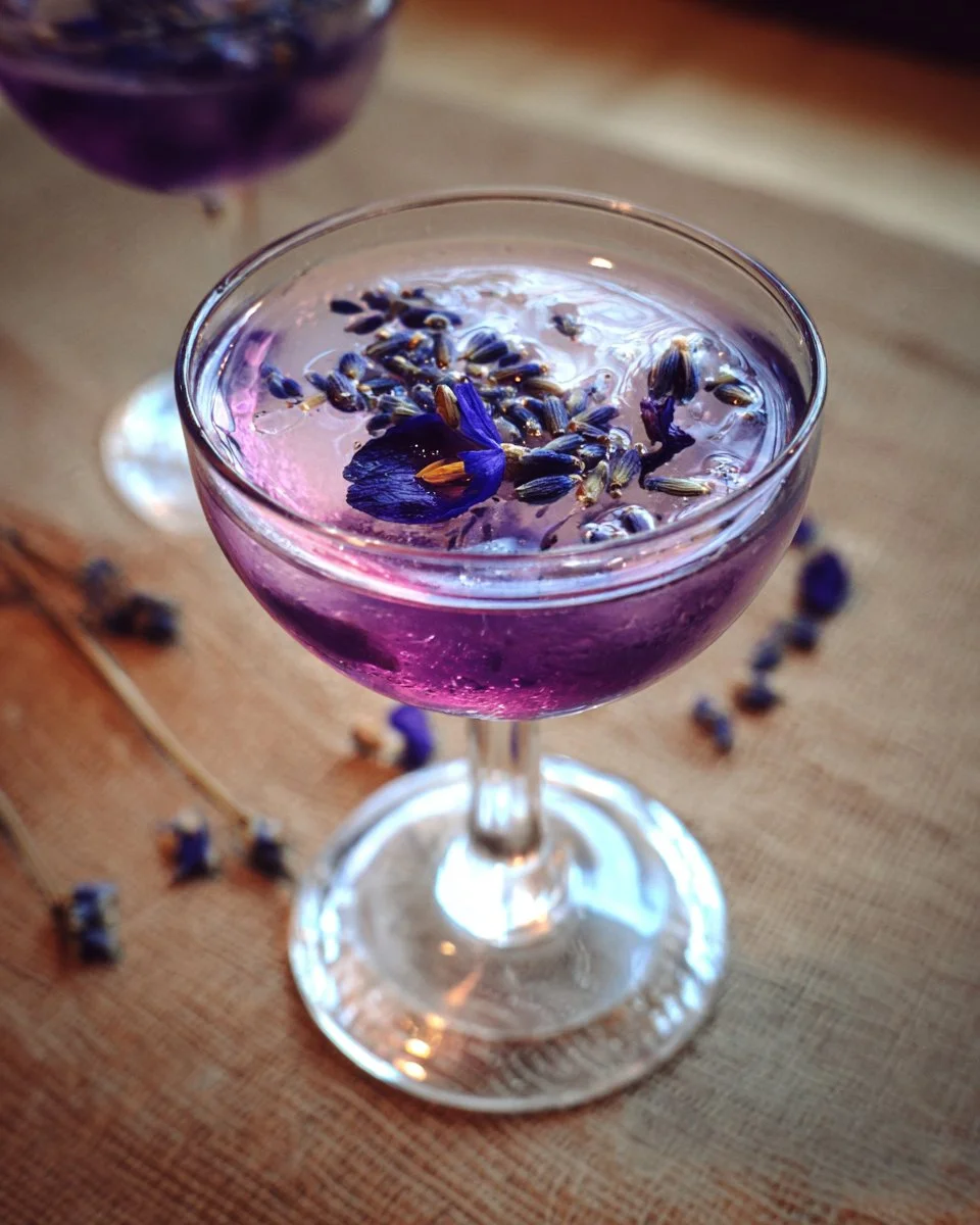 Cocktail rafraîchissant à la violette dans un verre décoré de fleurs