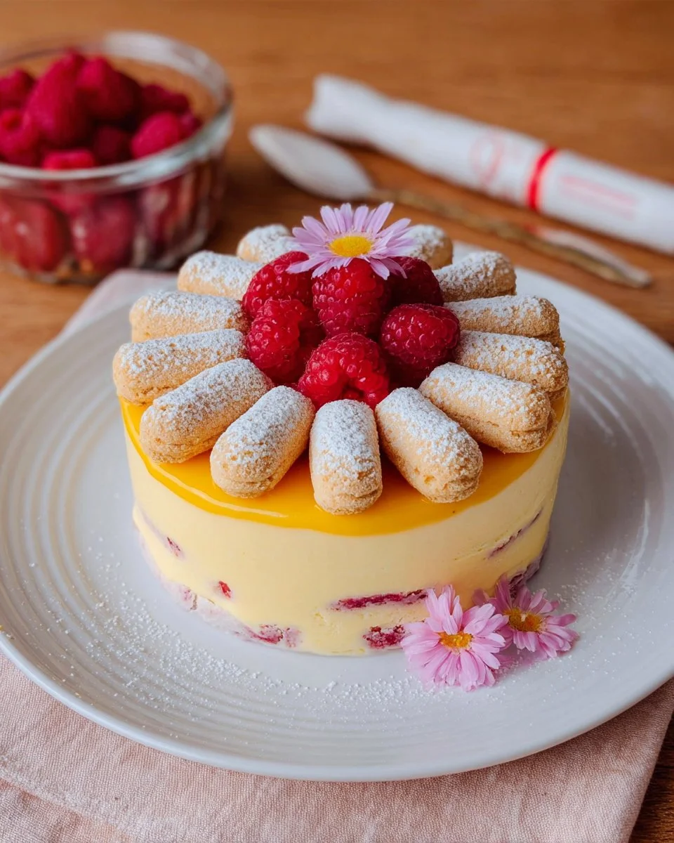 Crème bavaroise aux framboises et mangues, dessert élégant et fruité.