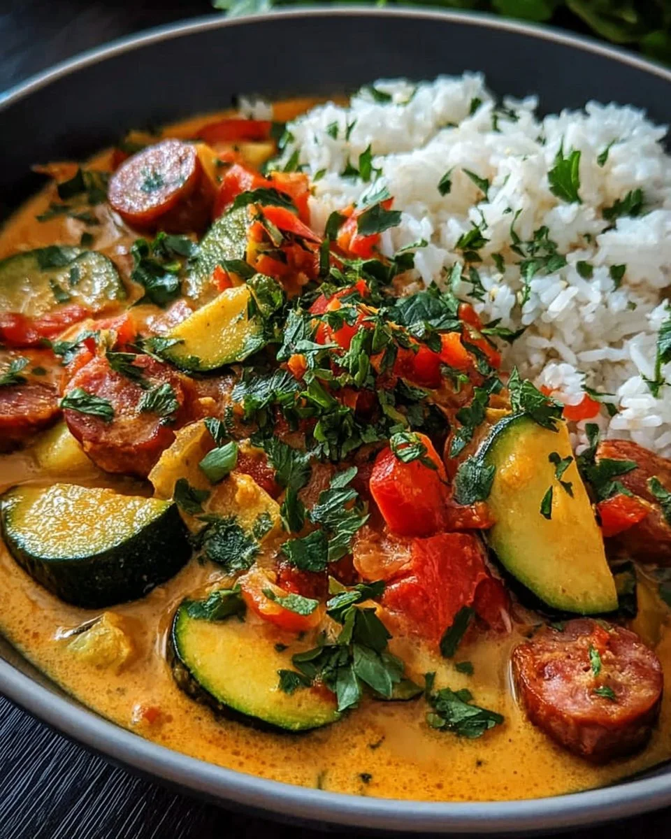 Curry de courgettes au chorizo et lait de coco dans un bol