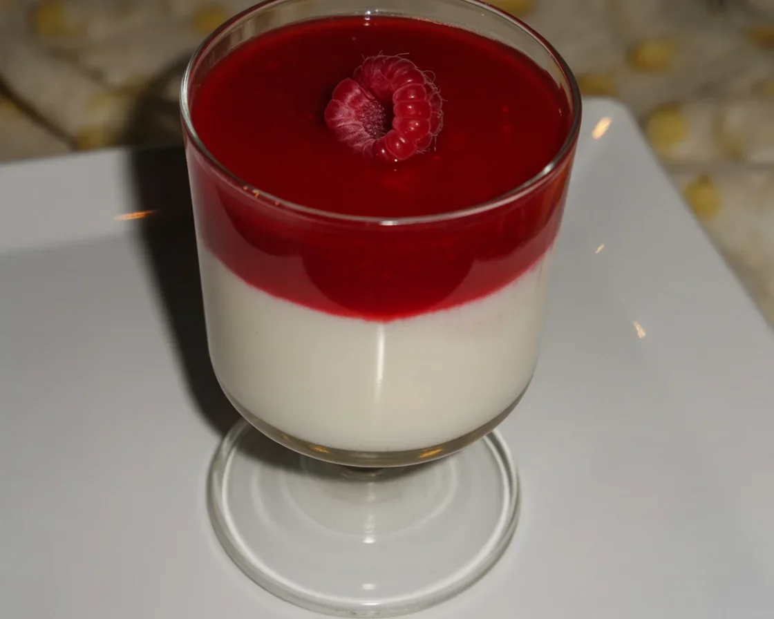 Panna cotta au coulis de framboises servie dans un verre avec des framboises fraîches.