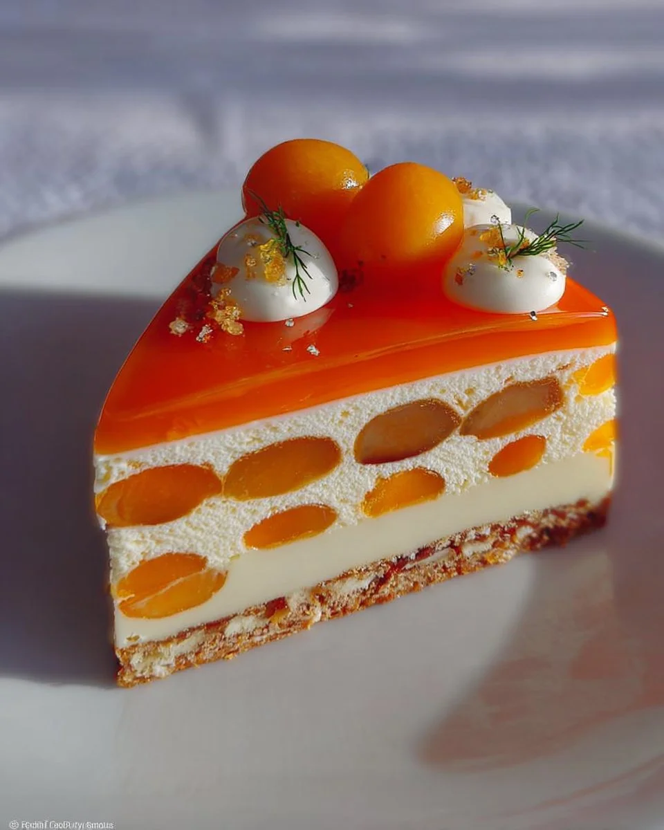 Entremets apricot vanilla avec une garniture crémeuse et des fruits frais