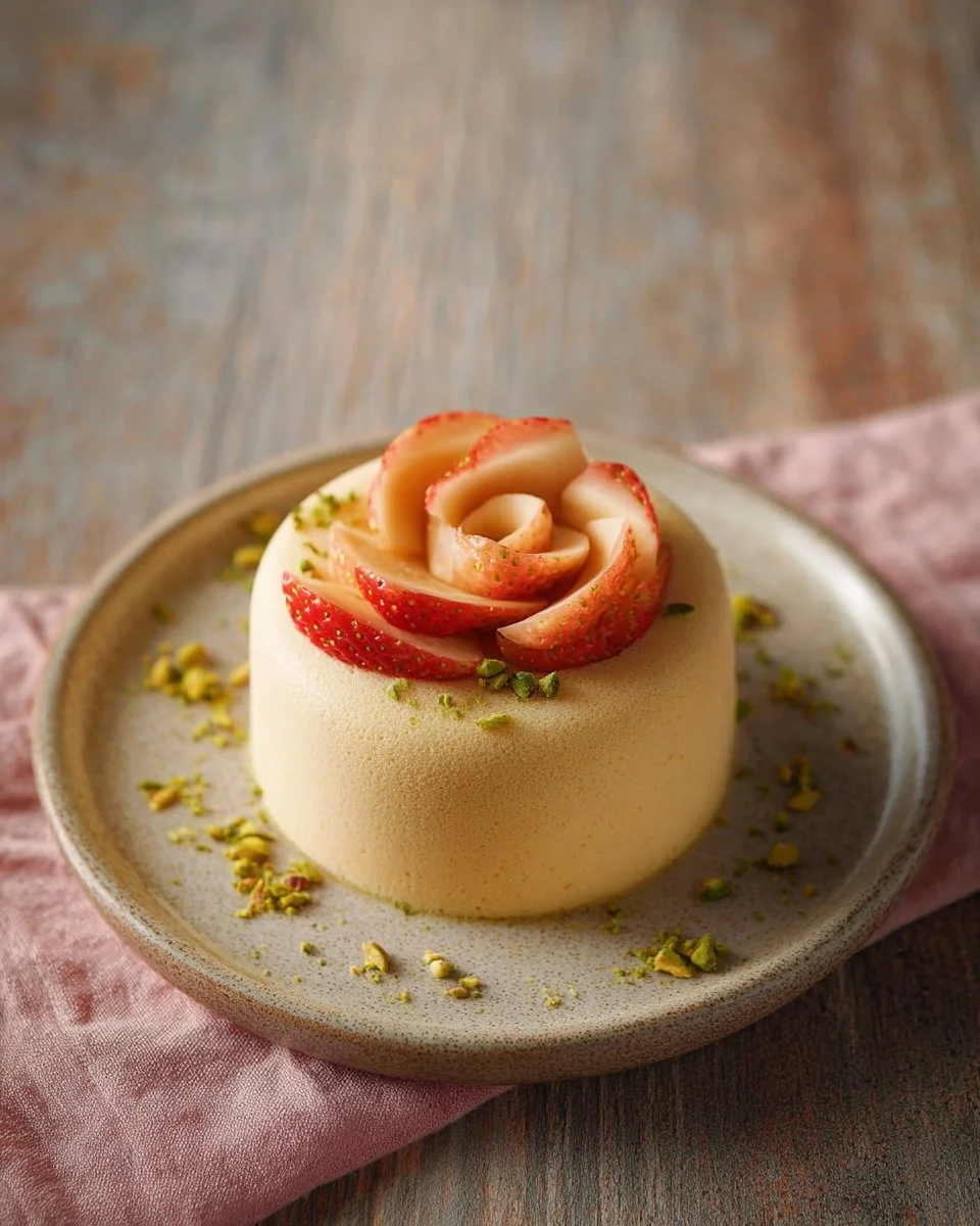 Entremets fraise accompagnée de pistache et fleur d'oranger pour un dessert raffiné