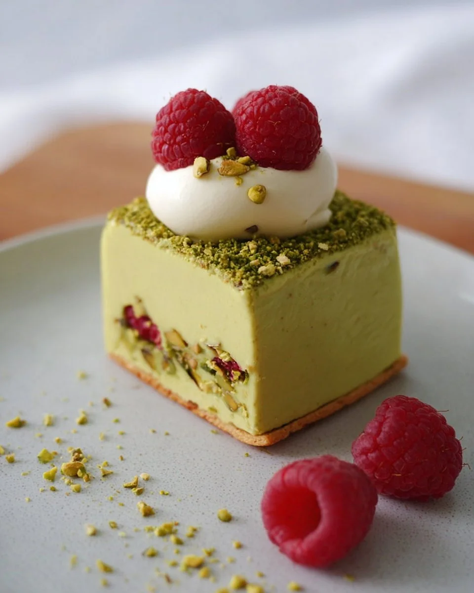 Entremets pistache, framboise et vanille, dessert raffiné aux saveurs équilibrées.