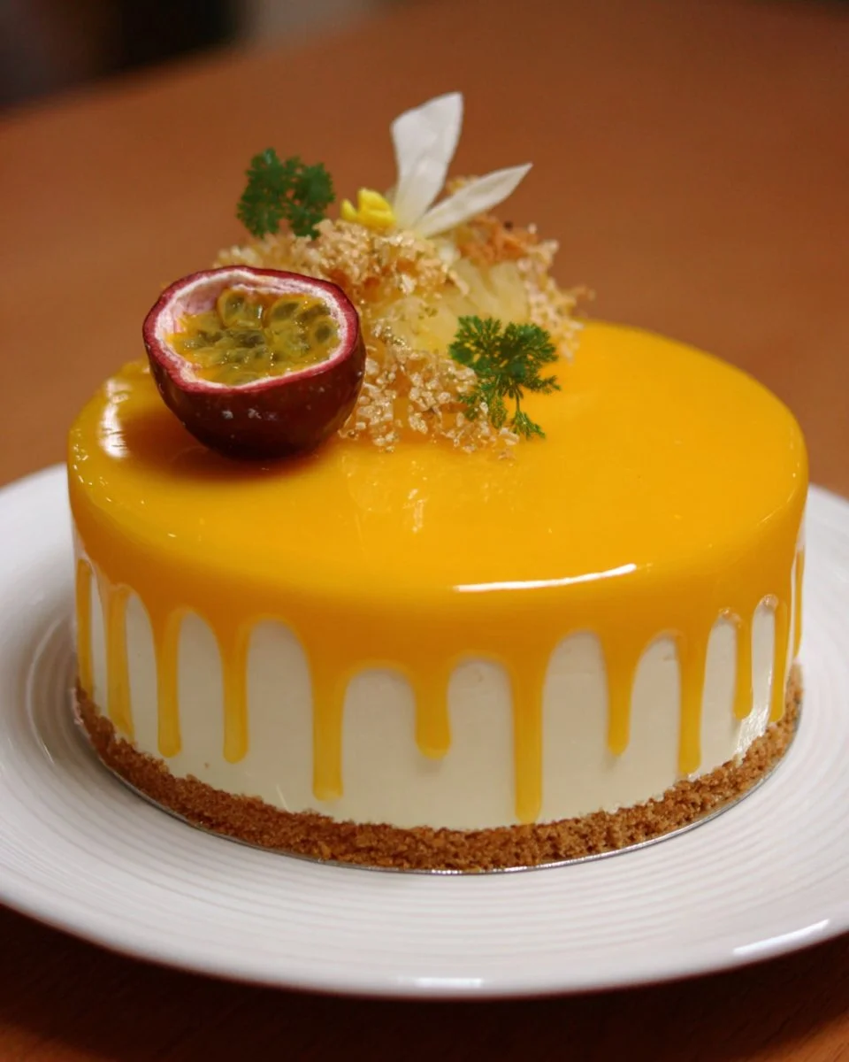 Entremets vanille mangue avec passion et ananas, un dessert élégant et savoureux.