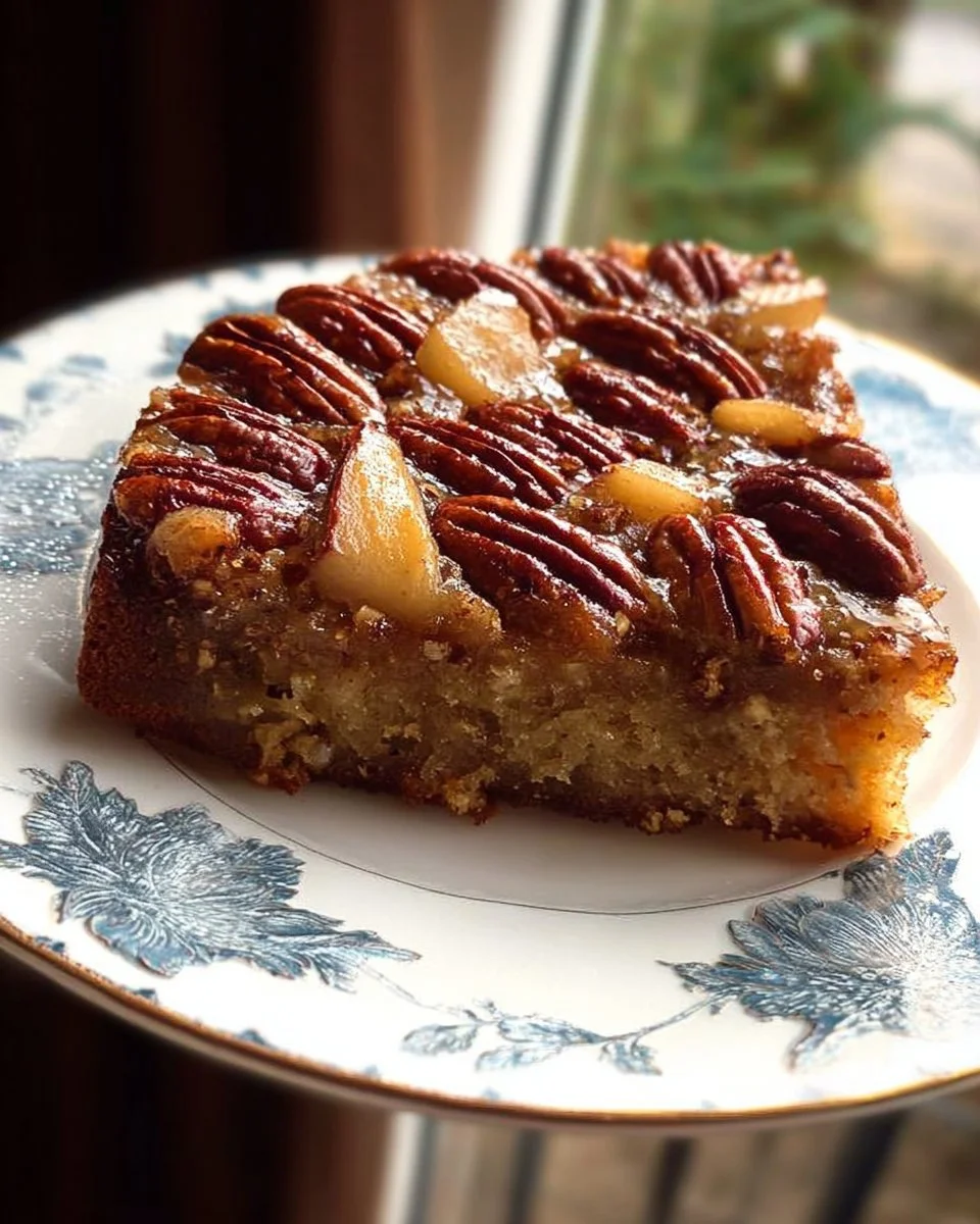 Gâteau aux pommes avec des noix de pécan sur une assiette.
