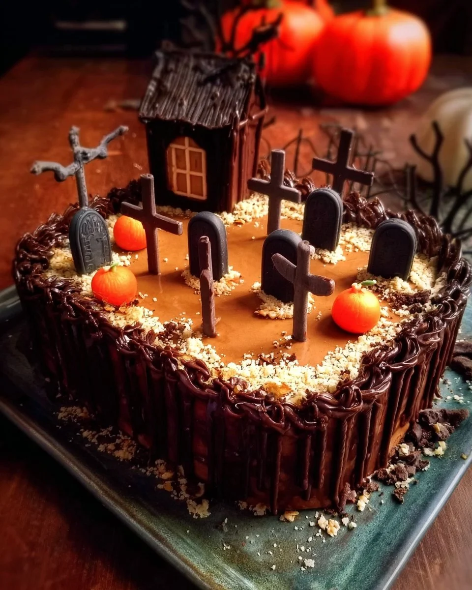 Gâteau cimetière d'Halloween décoré avec des bonbons et des biscuits