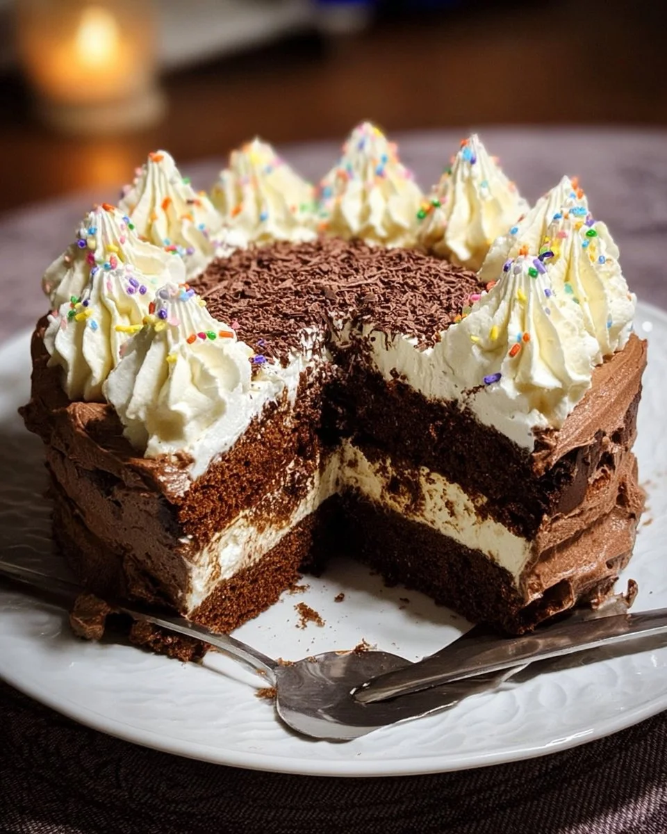 Gâteau d'anniversaire chocolat vanille décoré avec des bougies.