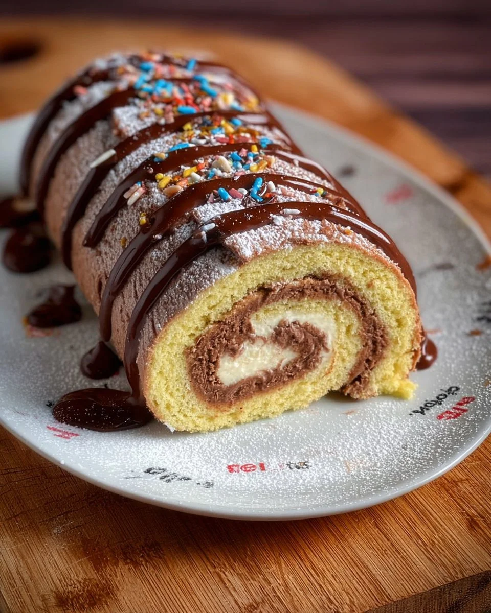 Gâteau Roulé au Nutella, un dessert moelleux et enroulé, décoré de chocolat.