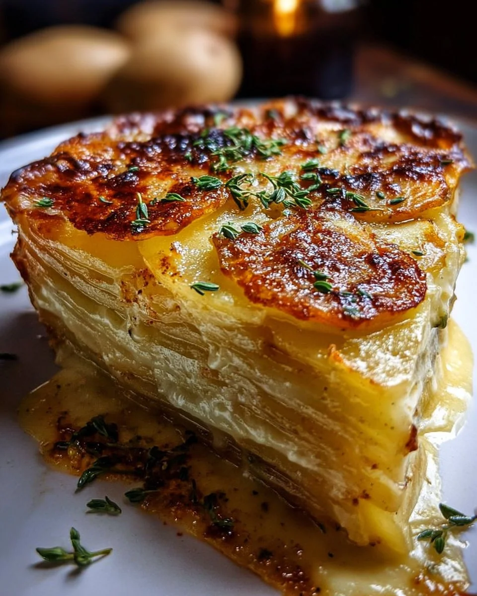 Gratins de pomme de terre croustillants et fondants sur une table