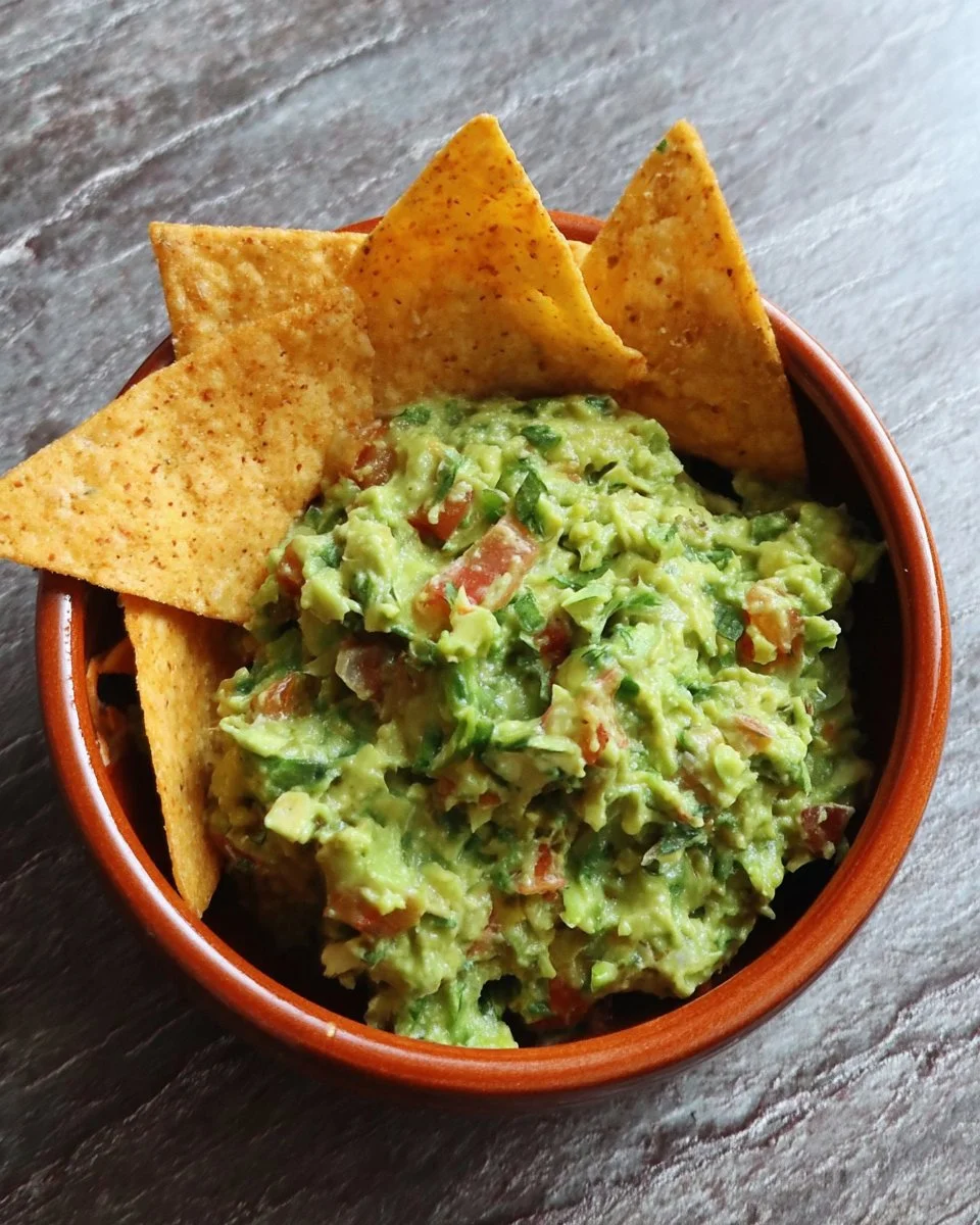 Bol de guacamole frais garni de coriandre et de tomates, prêt à être dégusté.
