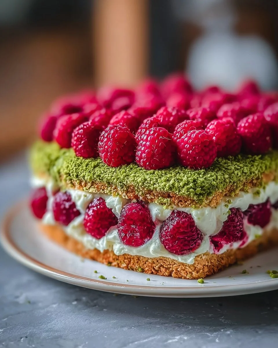 Gâteau céleste à la pistache et aux framboises sur une assiette élégante