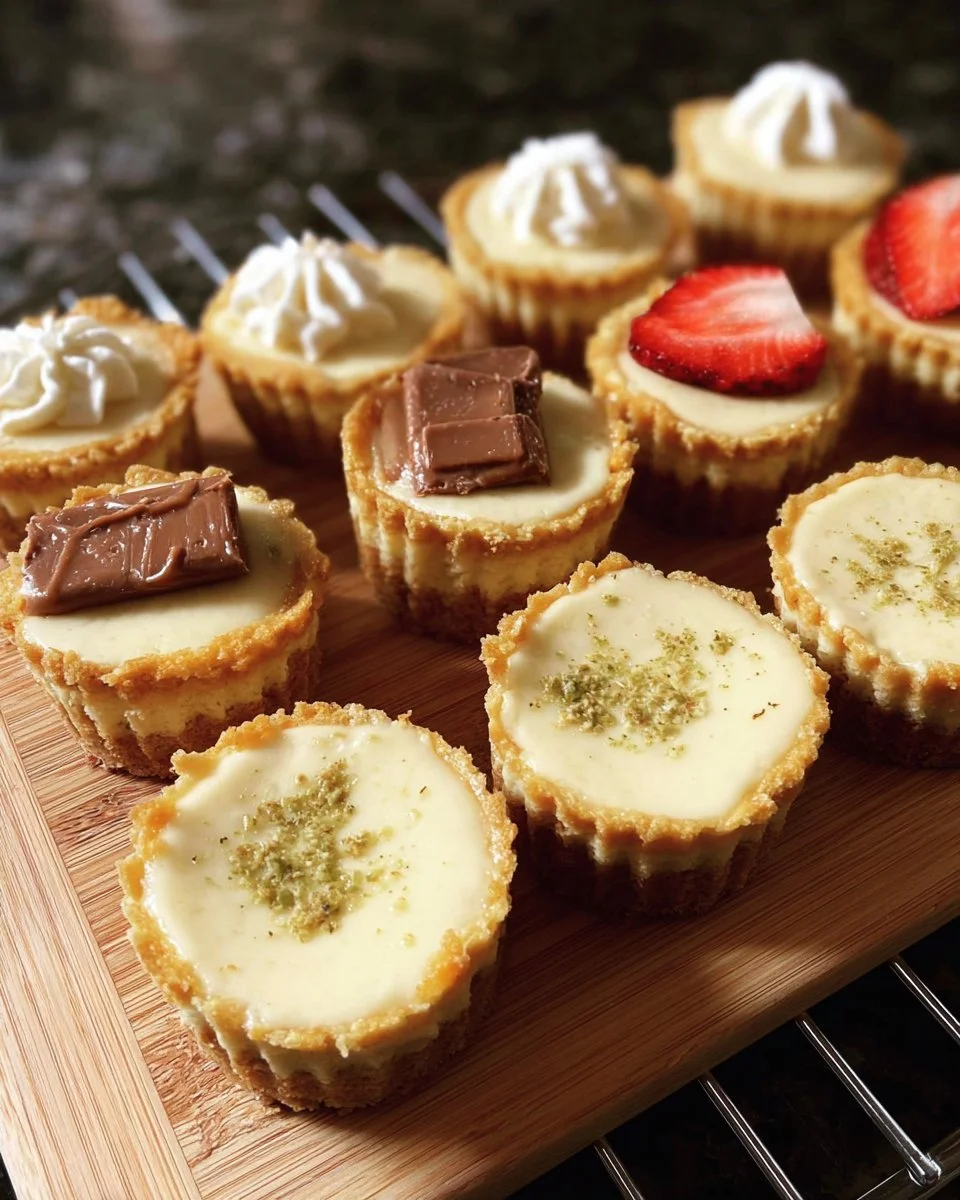 Mini cheesecakes variés, délicieux et attrayants garnis de fruits et chocolat.