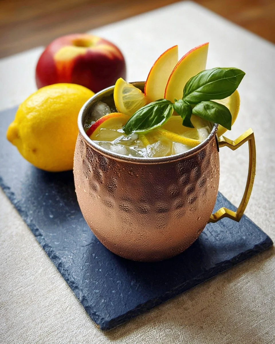 Moscow Mule sans alcool au citron et basilic dans un verre en cuivre.