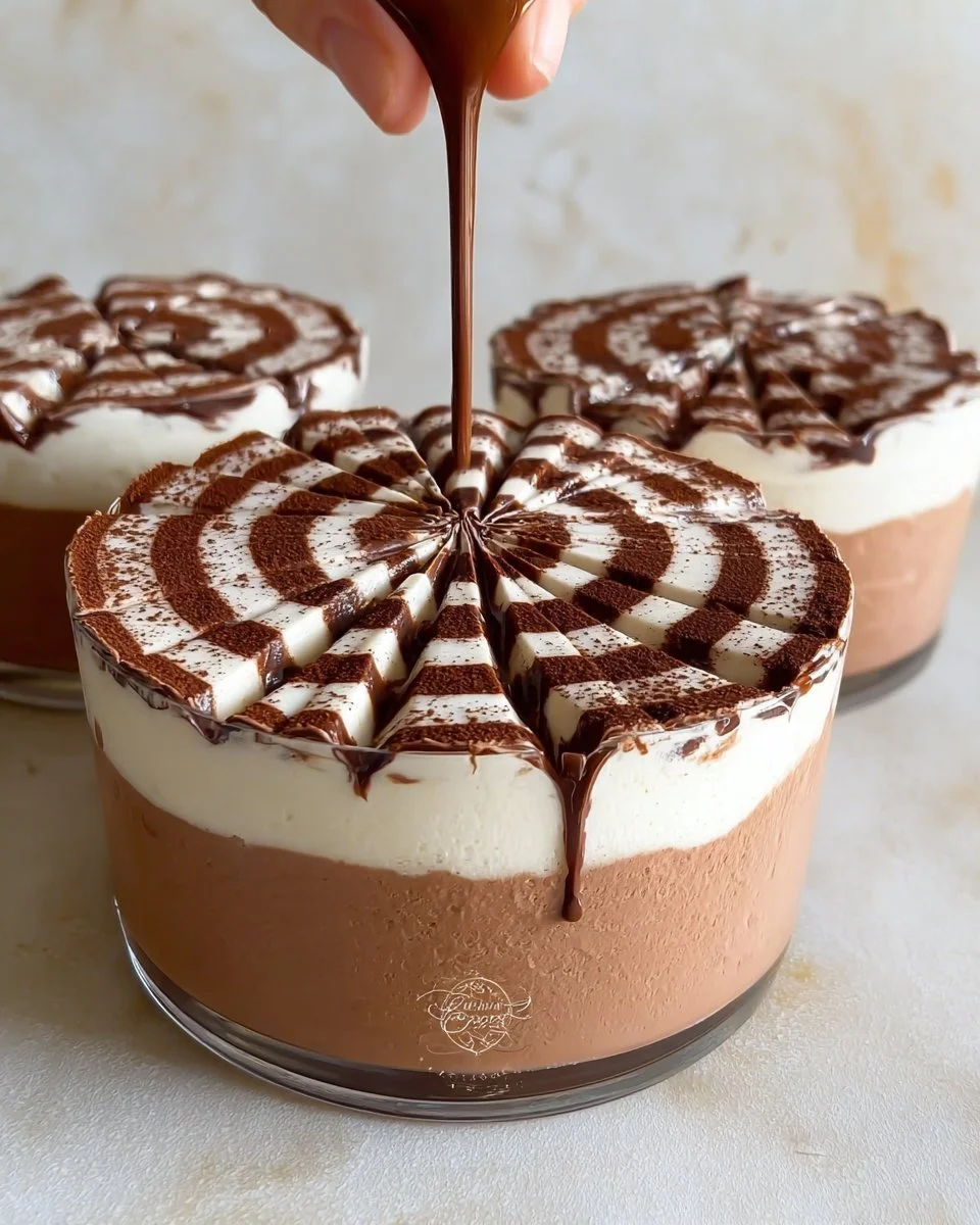 Mousse zébrée aux deux chocolats présentée dans un verre élégant