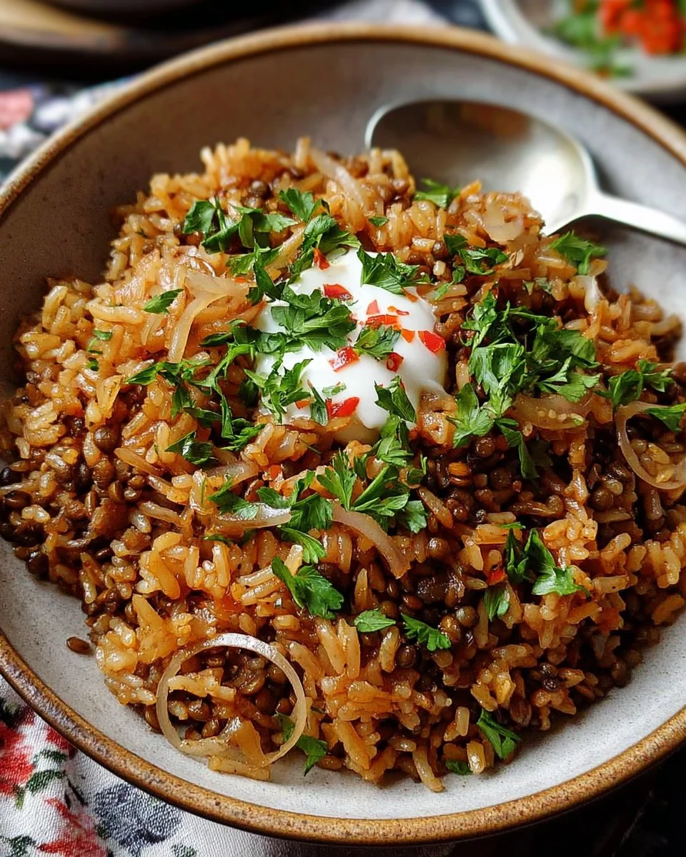 Assiette de mujadara traditionnel libanais avec lentilles et riz.