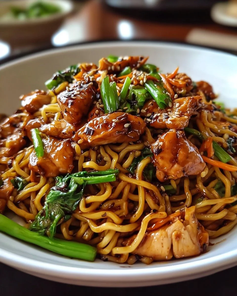 Nouilles sautées au poulet caramélisé servies dans une assiette colorée