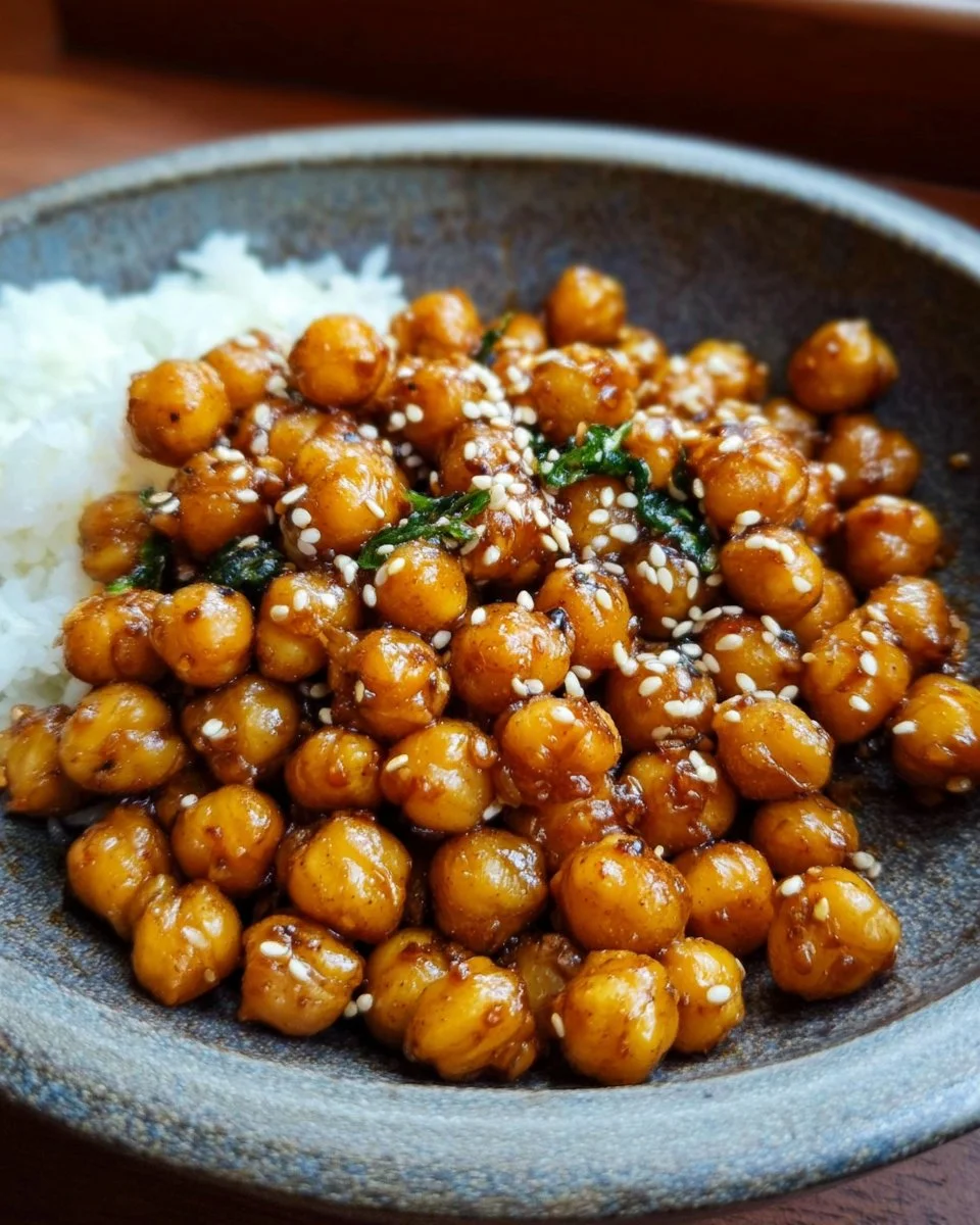 Pois chiches au miso et sésame dans un plat coloré et appétissant