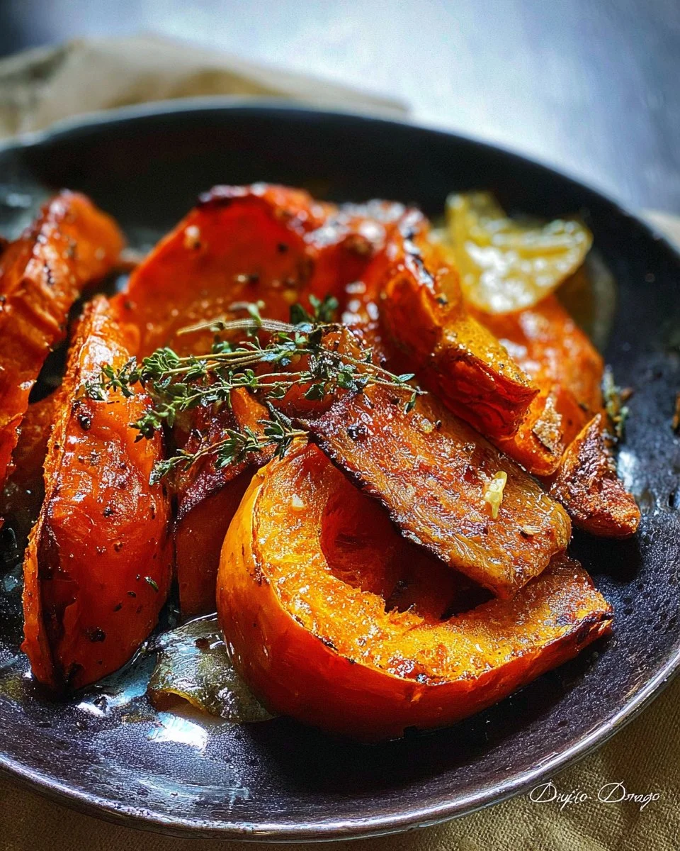 Plat de potimarron rôti aux épices et à l'orange, servi dans un plat coloré.