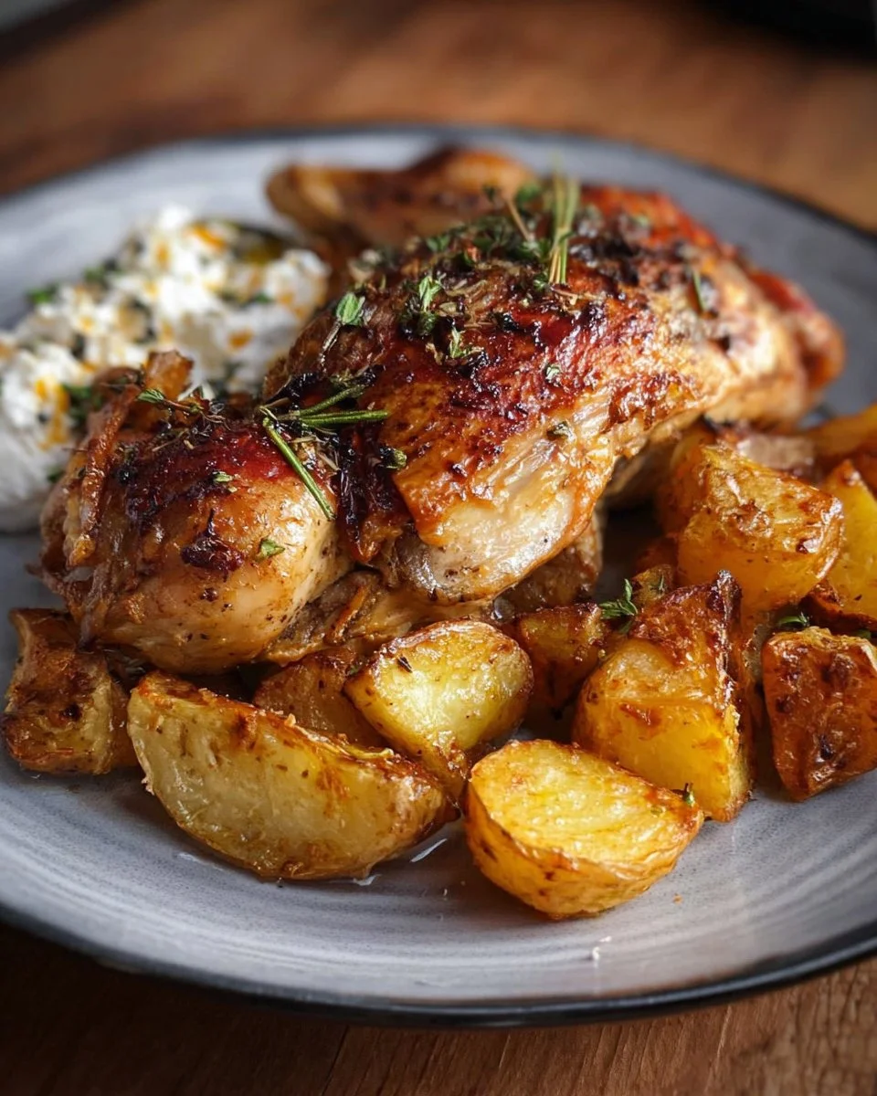 Poulet rôti avec pommes de terre et feta fouettée, un plat savoureux et appétissant.