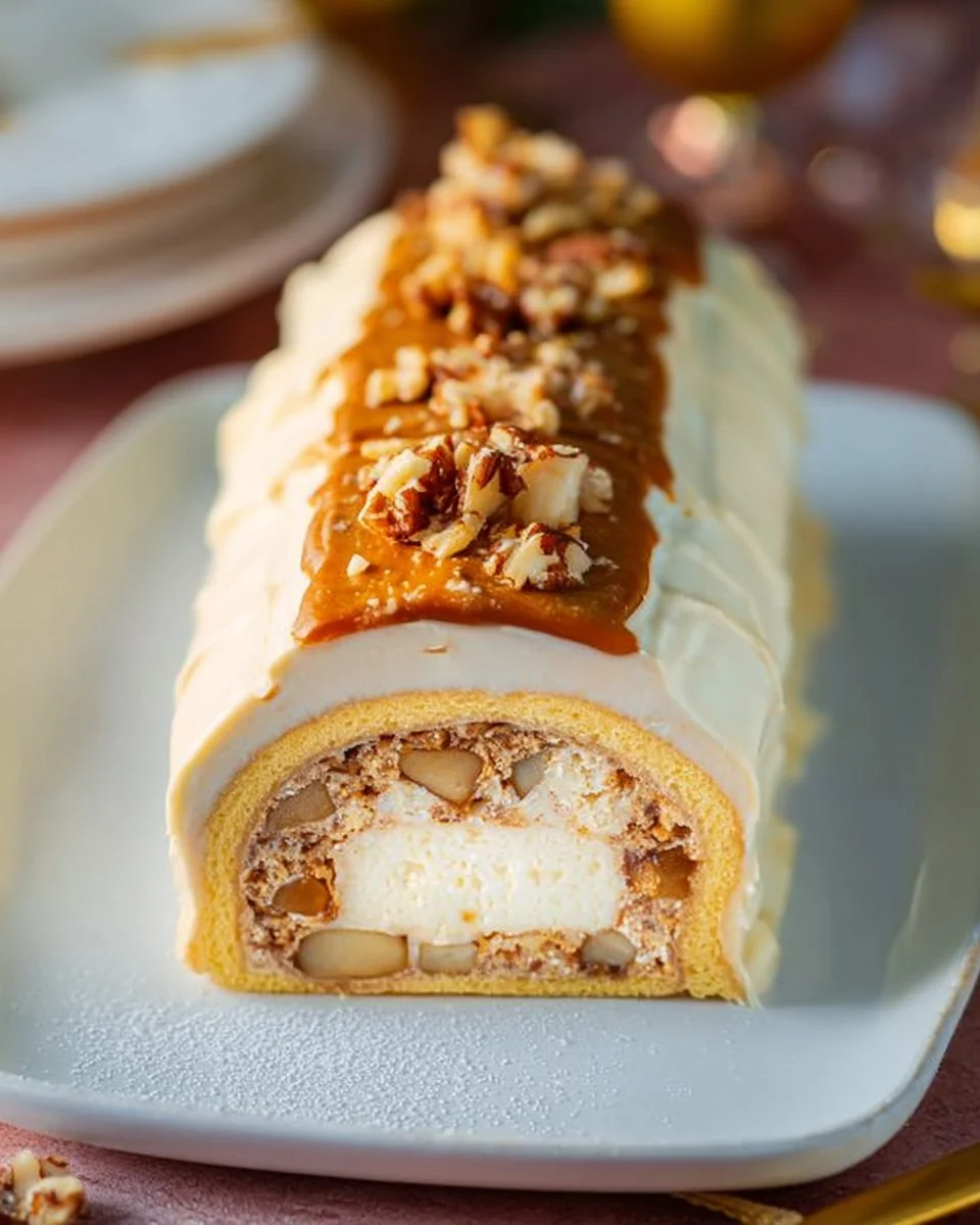 Bûche poire vanille et praliné, un dessert de Noël gourmand et raffiné.