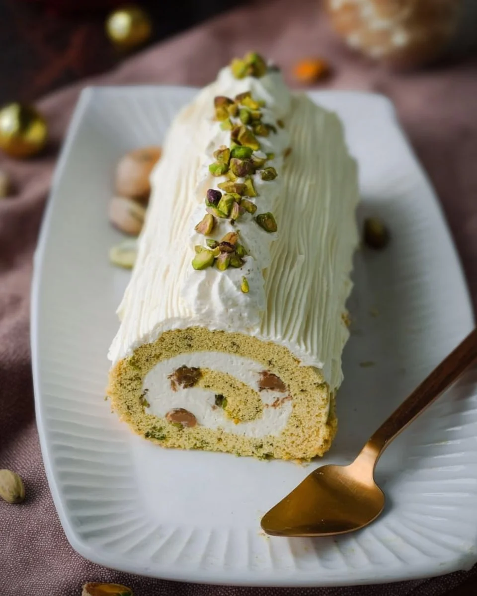 Bûche vanille pistache faite maison, dessert élégant pour les fêtes.