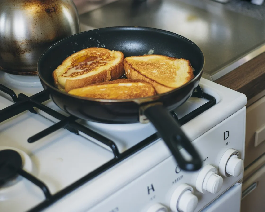 Recette du pain perdu : tranches dorées au beurre avec un mélange d'œufs et de lait.