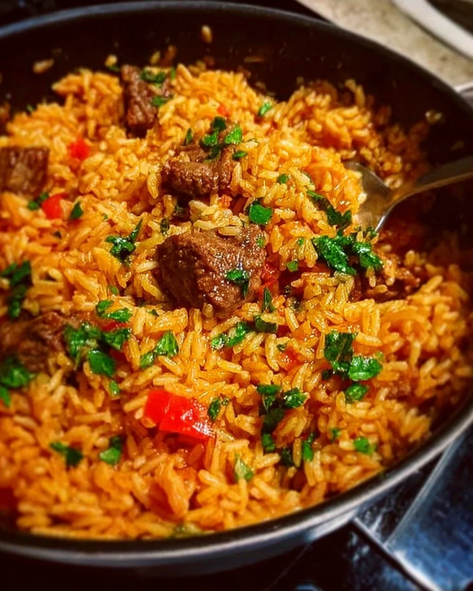 Riz et Bœuf cuisiné dans une seule casserole, plat savoureux et pratique